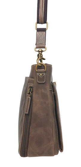 Gun Tote'n Mamas Distressed Leather Slim X-Body Purse in Brown has antique brass accents